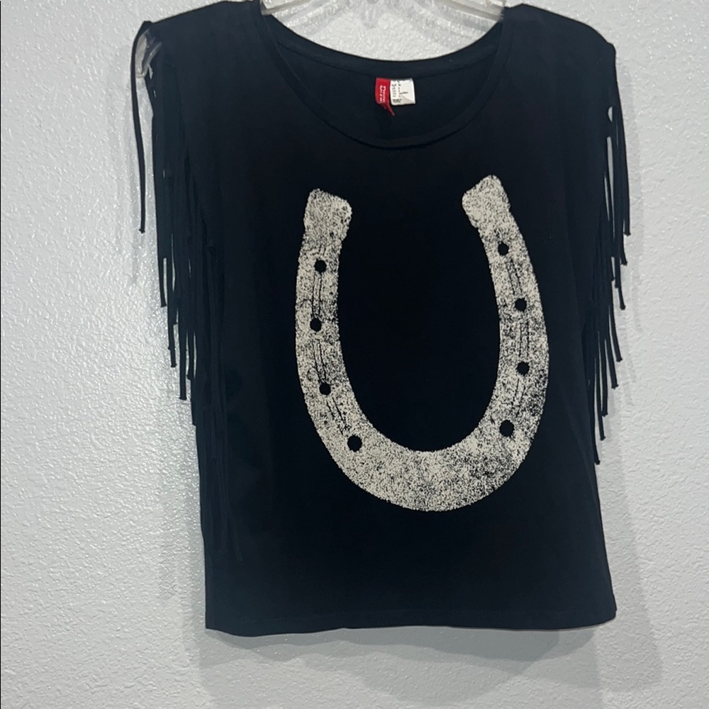 Divided by H&M Black Fringe Top with Horseshoe Design